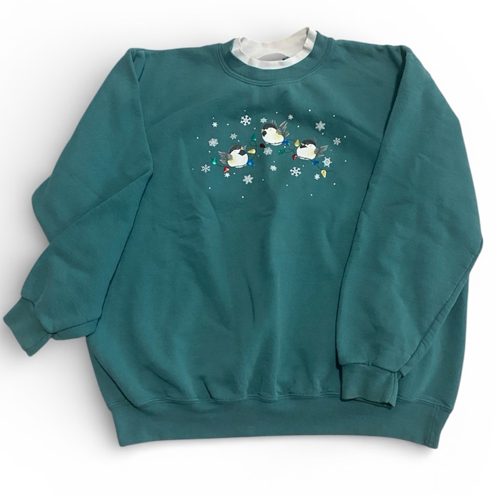 Vintage Morning Sun Women's Sweatshirt w/Birds Snowflake Design size XL Green